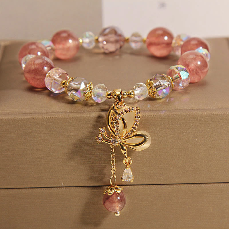 Fortune Jewel Natural Strawberry Quartz Healing Positive Butterfly Charm Bracelet