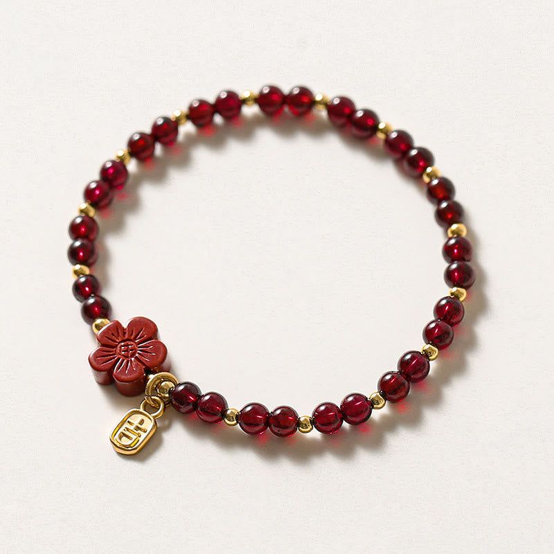 Fortune Jewel 14K Gold Plated Natural Garnet Cinnabar Flower Calm Bracelet