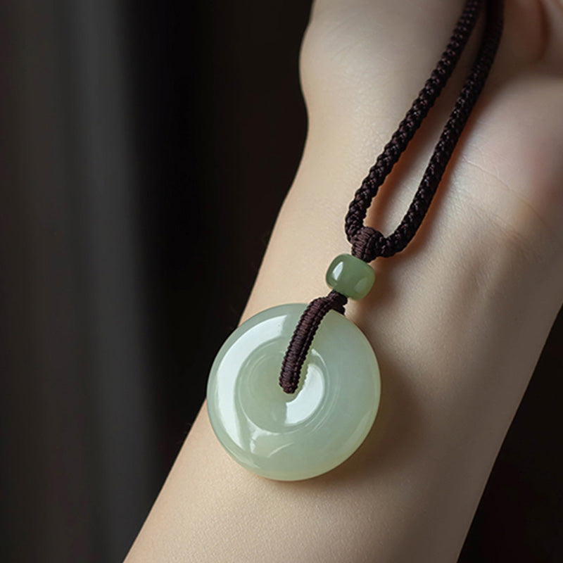 Fortune Jewel Natural Round Jade Peace Buckle Luck Prosperity Necklace Pendant