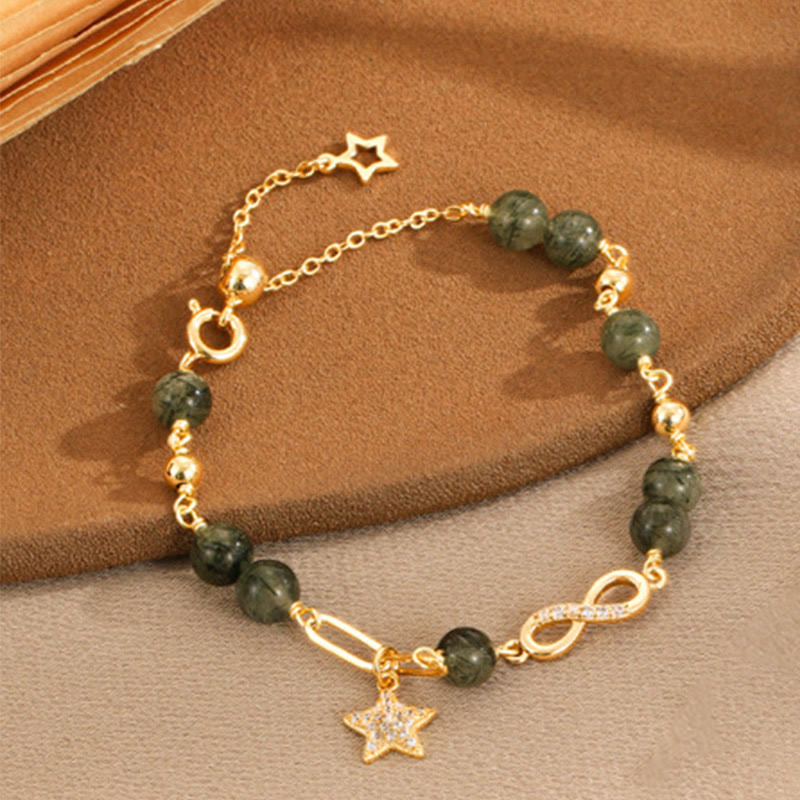 Fortune Jewel 14k Gold Plated Copper Green Rutilated Quartz Möbius Loop Eternal Love Star Protection Bracelet
