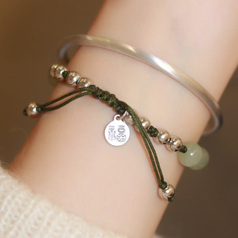 Fortune Jewel 925 Sterling Silver Natural Jade Fu Character Bamboo Abundance Bracelet