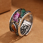 Fortune Jewel Copper Blue Enamel Lotus Heart Sutra Koi Fish Luck Ring Fortune Jewel