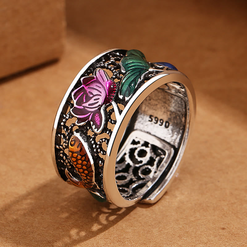 Fortune Jewel Copper Blue Enamel Lotus Heart Sutra Koi Fish Luck Ring Fortune Jewel