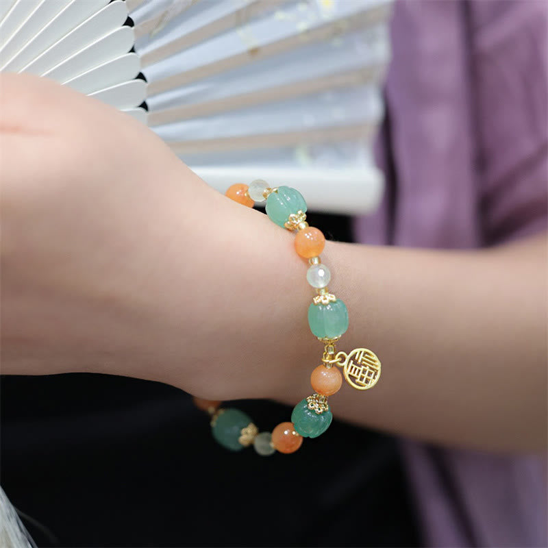 Fortune Jewel Natural Golden Silk Jade Pumpkin Bead Fu Character Charm Wealth Bracelet