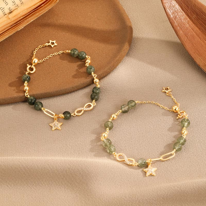 Fortune Jewel 14k Gold Plated Copper Green Rutilated Quartz Möbius Loop Eternal Love Star Protection Bracelet
