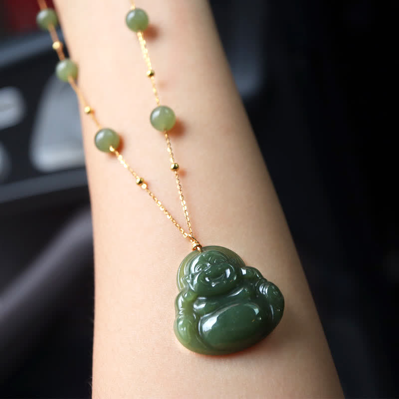 Fortune Jewel Laughing Buddha Hetian Jade Luck Necklace Bead Chain Pendant Fortune Jewel