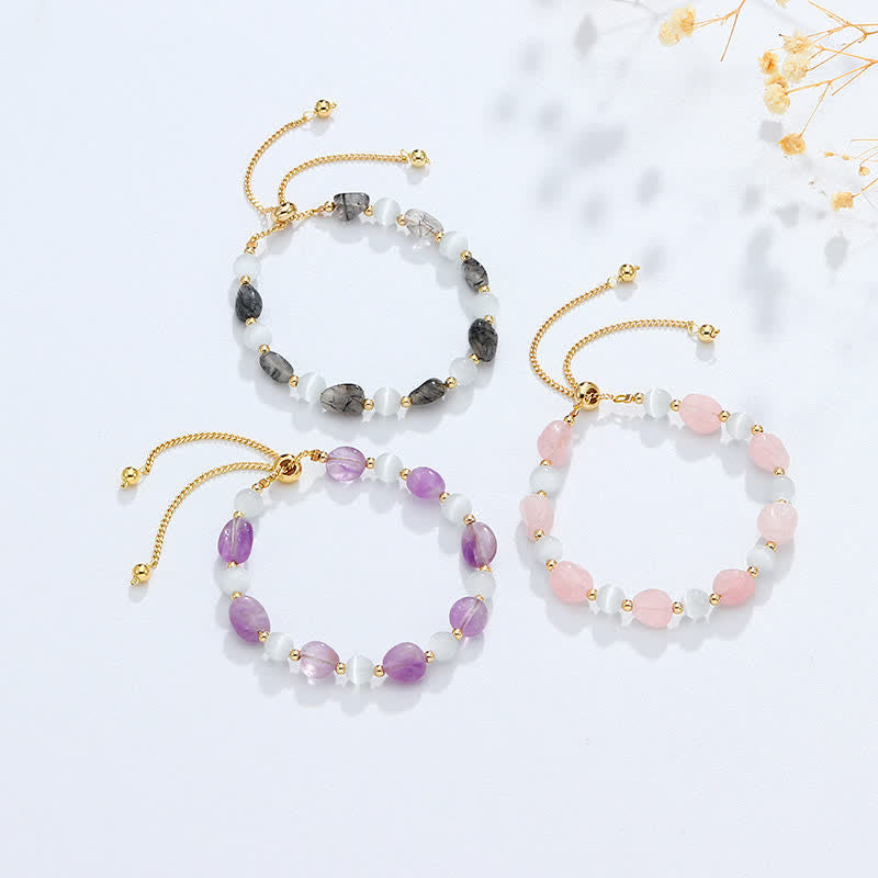 Fortune Jewel Amethyst Pink Crystal Black Rutilated Quartz Spiritual Awareness Bracelet