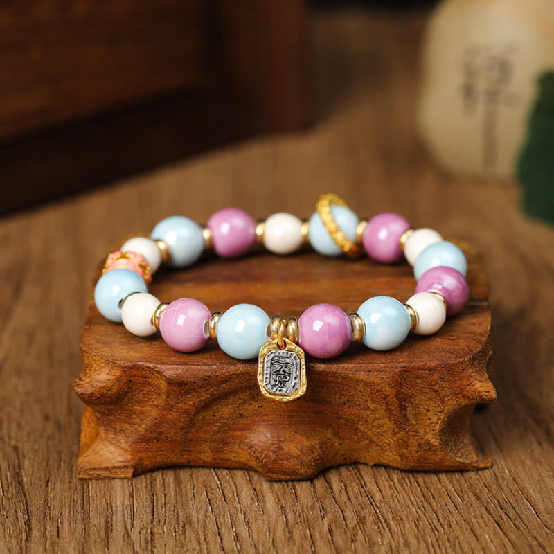 Fortune Jewel Tibetan Zakiram Goddess of Wealth Rabbit Lion Head Charm Liuli Glass Incense Ash Porcelain Bead Protection Bracelet