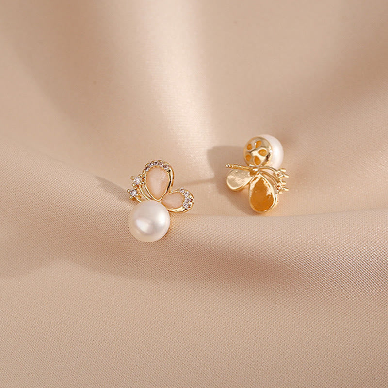 Fortune Jewel 18k Gold Plated Pearl Butterfly Love Freedom Stud Earrings