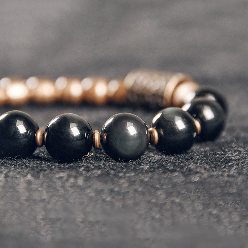 Fortune Jewel Lava Rock Stone Rainbow Obsidian Brass Support Healing Bracelet