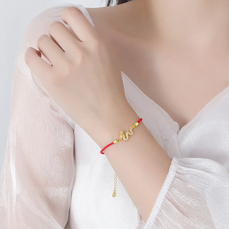 Fortune Jewel 925 Sterling Silver Year Of The Dragon Auspicious Golden Dragon Luck Red Rope Chain Bracelet
