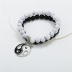 Fortune Jewel 2pcs Natural Black Onyx White Turquoise Bead Yin Yang Couple Bracelet