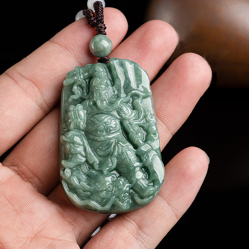 Fortune Jewel Natural Jade Guan Gong Amulet Wealth Necklace Pendant