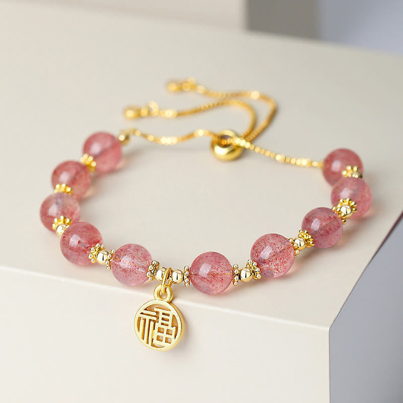 Fortune Jewel 14K Gold Plated Natural Strawberry Quartz Fu Character Positive Charm Bracelet