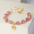 Fortune Jewel 14K Gold Plated Natural Strawberry Quartz Fu Character Positive Charm Bracelet