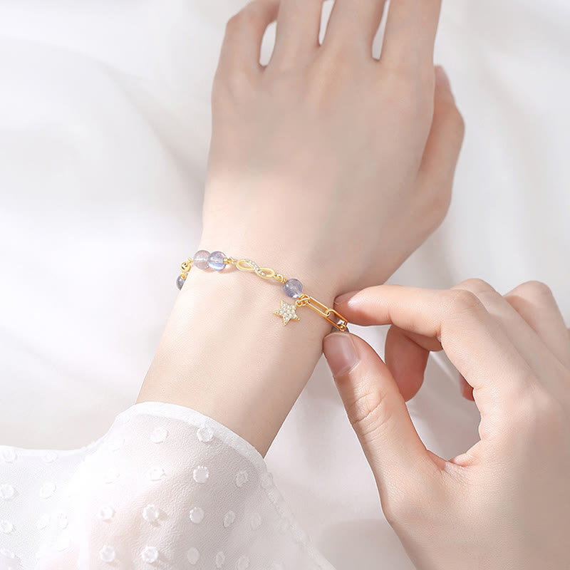 Fortune Jewel 14K Gold Plated Natural Strawberry Quartz Moonstone Möbius Loop Eternal Love Star Positive Bracelet