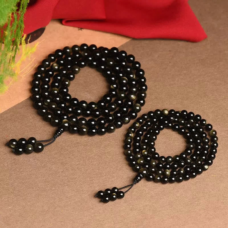 Fortune Jewel 108 Mala Beads Natural Gold Sheen Obsidian Wealth Bracelet