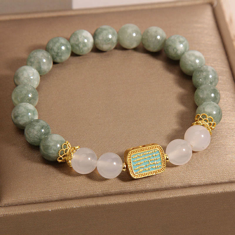 Fortune Jewel Natural Green Jade White Agate Five Scriptures Abundance Bracelet