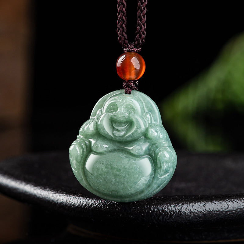 Fortune Jewel Laughing Buddha Cyan Jade Success Necklace String Pendant Fortune Jewel