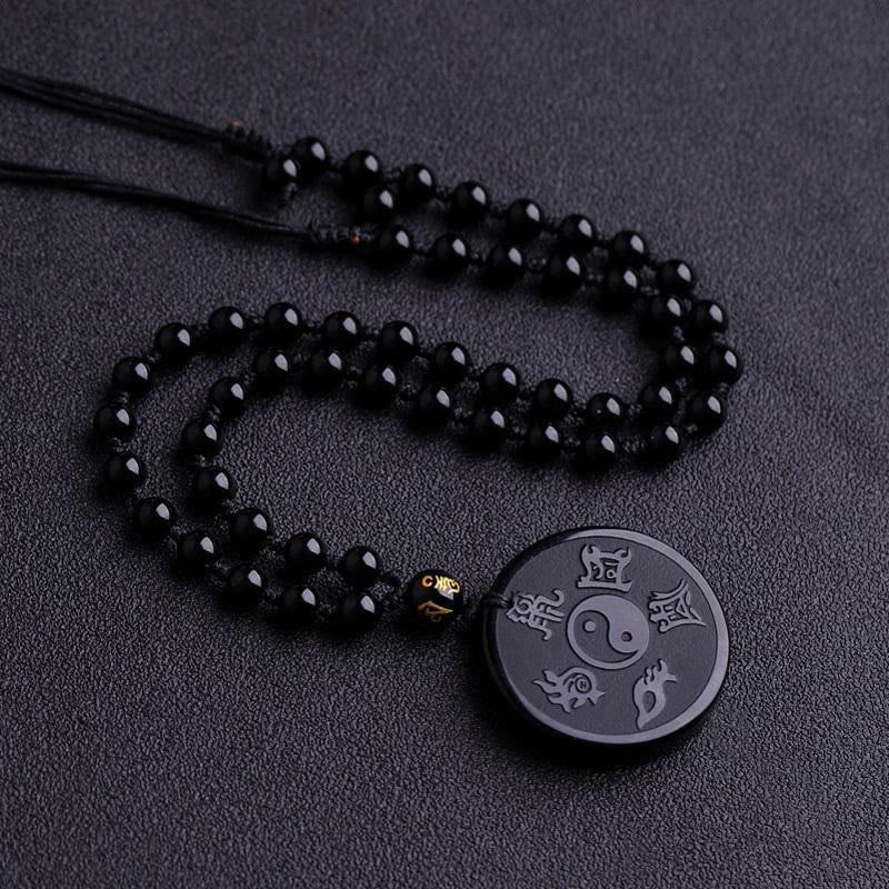Fortune Jewel Natural Black Obsidian Taoism Five Sacred Mountains Nine-Character Mantra Carved Strength Yin Yang Necklace Pendant Key Chain