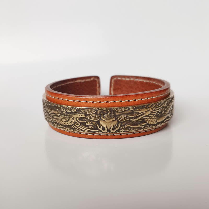 Fortune Jewel 2Pcs Om Mani Padme Hum Dragon Phoenix Copper Leather Peace Cuff Bracelet Bangle