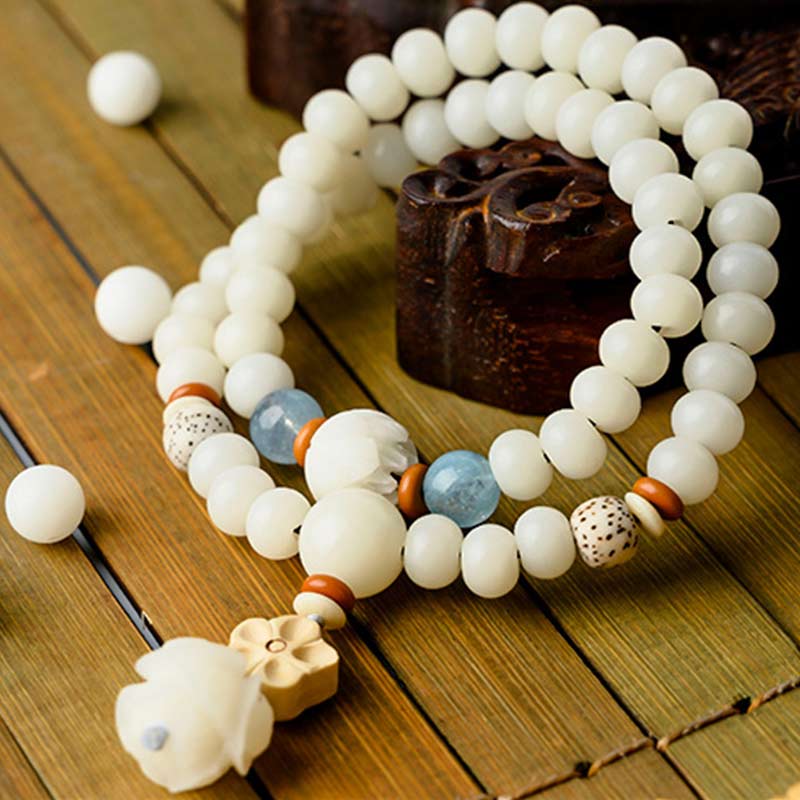 Fortune Jewel Tibetan White Jade Bodhi Lotus Blessing Bracelet Fortune Jewel