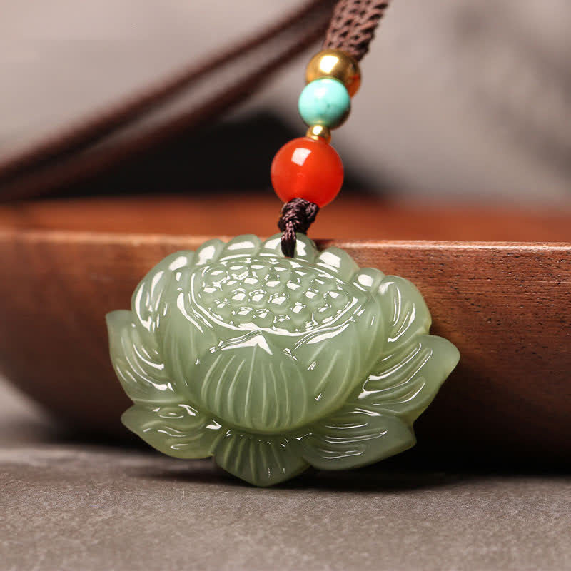 Fortune Jewel Hetian Cyan Jade Lotus Flower Success Necklace Pendant Fortune Jewel