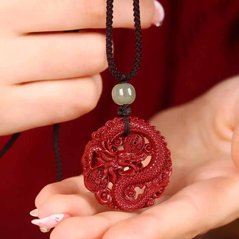 Fortune Jewel Year Of The Dragon Natural Cinnabar Hetian Jade Bead Copper Coin Attract Wealth Strength Necklace Pendant