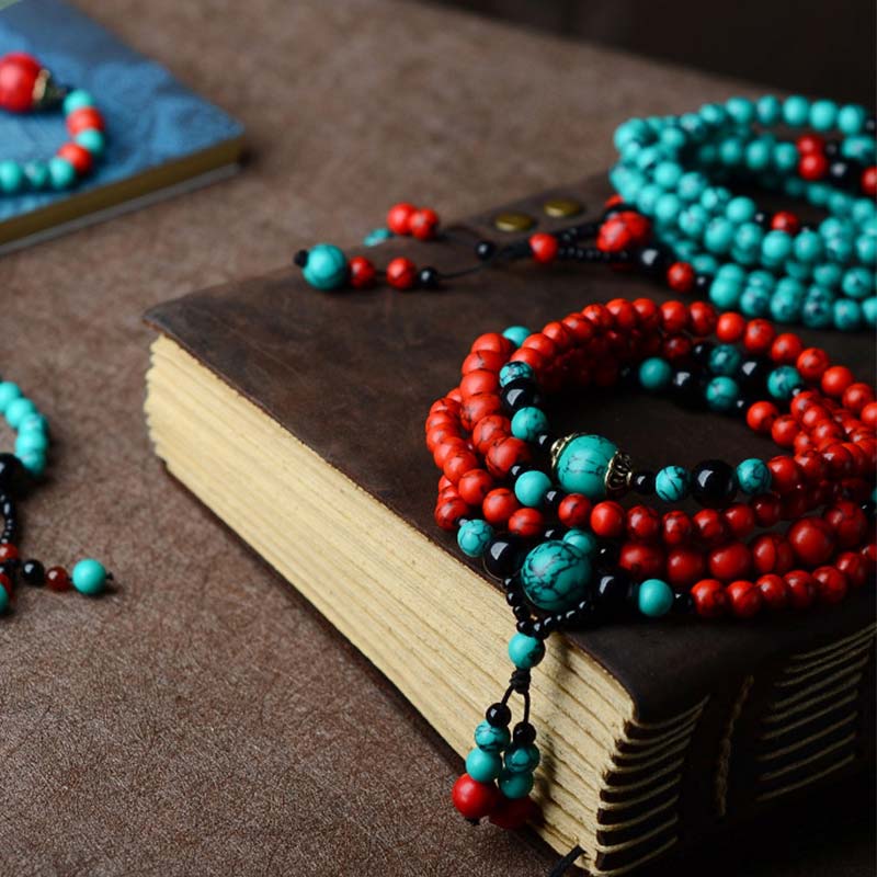 Fortune Jewel Turquoise Black Onyx Red Turquoise Bead Protection Bracelet