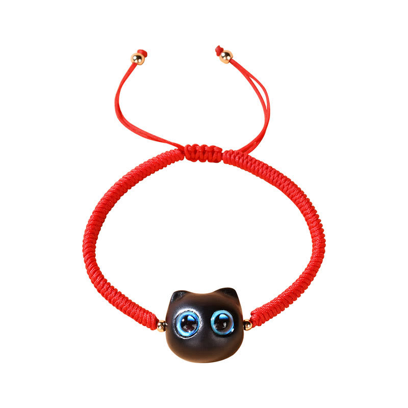 Fortune Jewel Ebony Wood Cat Head Pattern Peace King Kong Knot Braided Bracelet