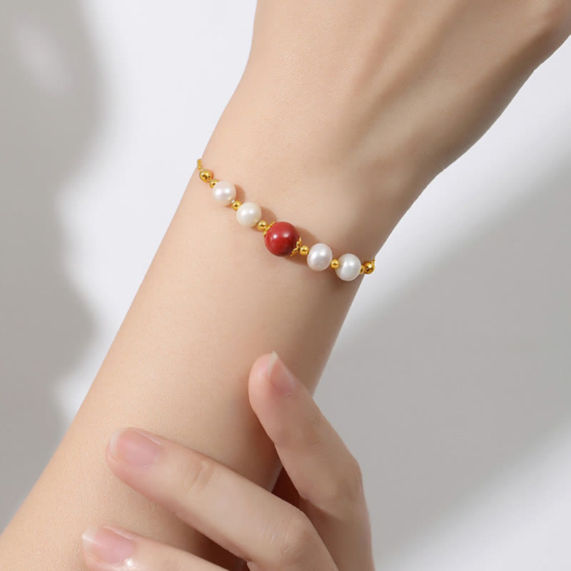 Fortune Jewel 925 Sterling Silver Pearl Cinnabar Healing Bead Chain Bracelet