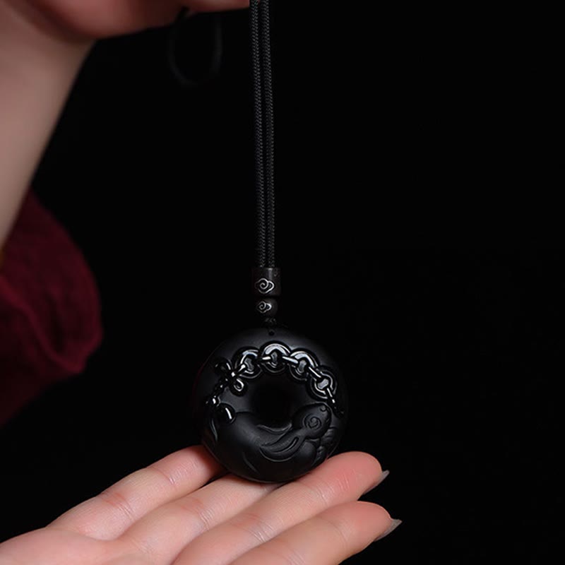 Fortune Jewel Chinese Zodiac Natural Black Obsidian Peace Buckle Strength Necklace Pendant
