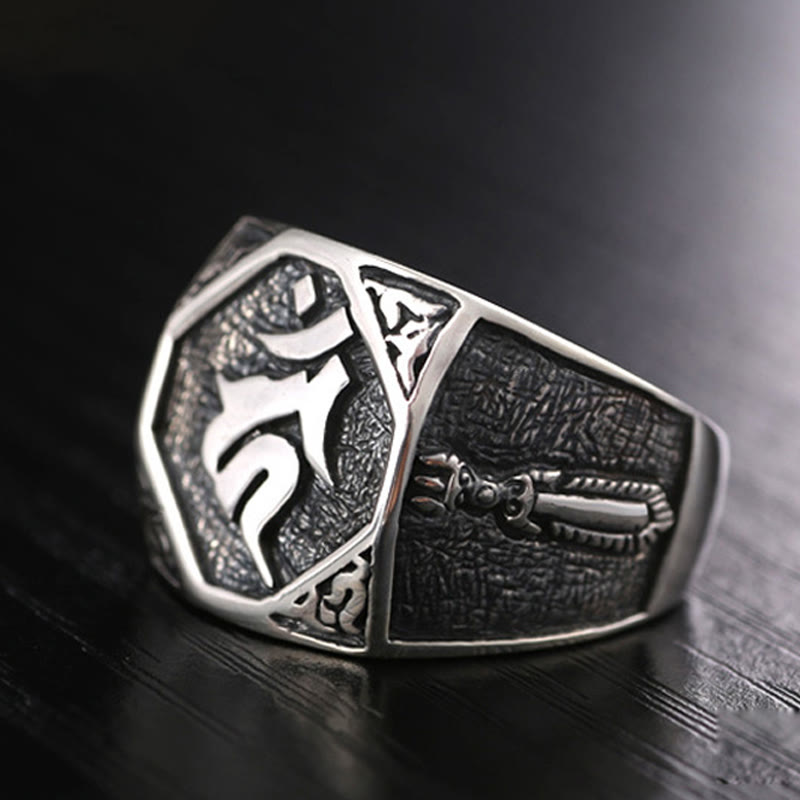 Fortune Jewel 925 Sterling Silver Sanskrit Design Carved Protection Adjustable Ring