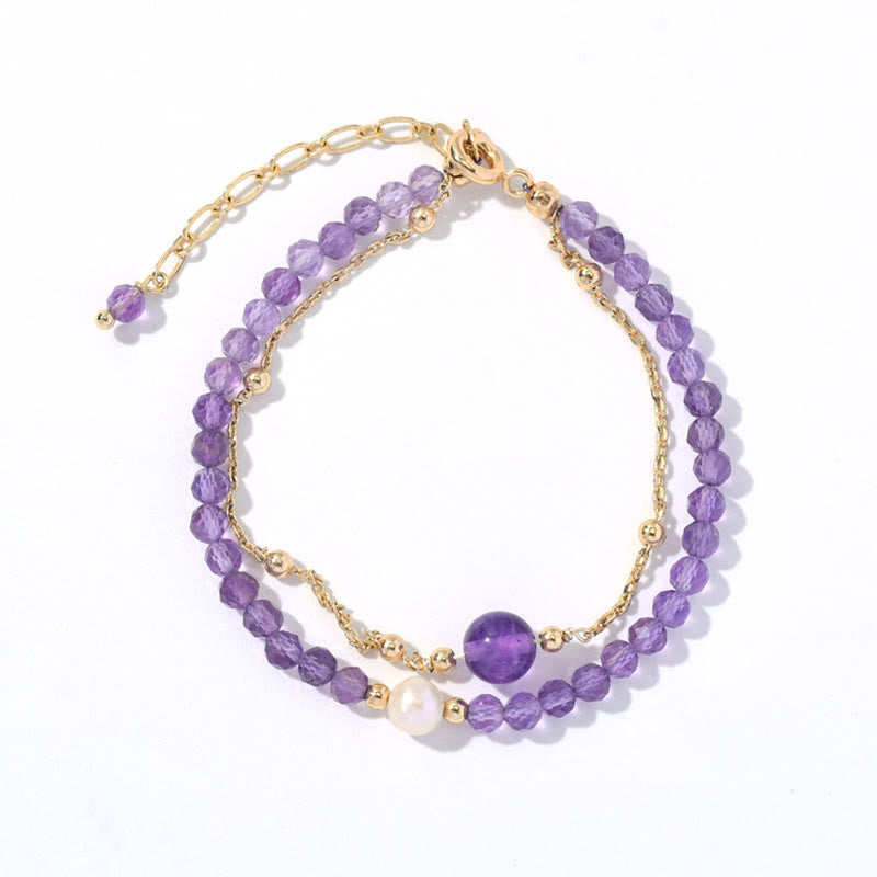 Fortune Jewel 14K Gold Plated Amethyst Crystal Healing Double Layer Chain Bracelet
