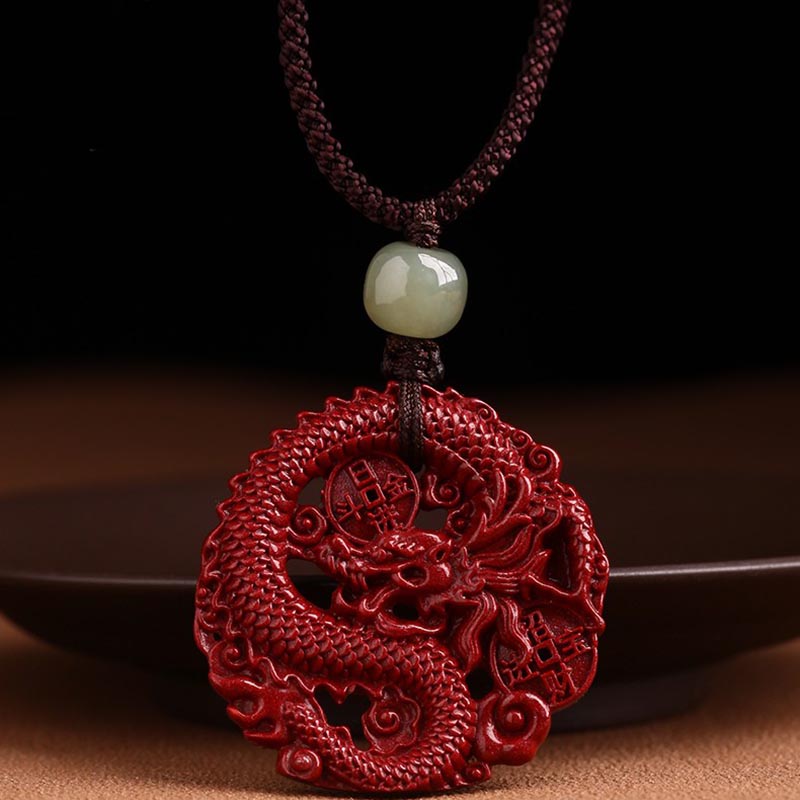 Fortune Jewel Year Of The Dragon Natural Cinnabar Hetian Jade Bead Copper Coin Attract Wealth Strength Necklace Pendant