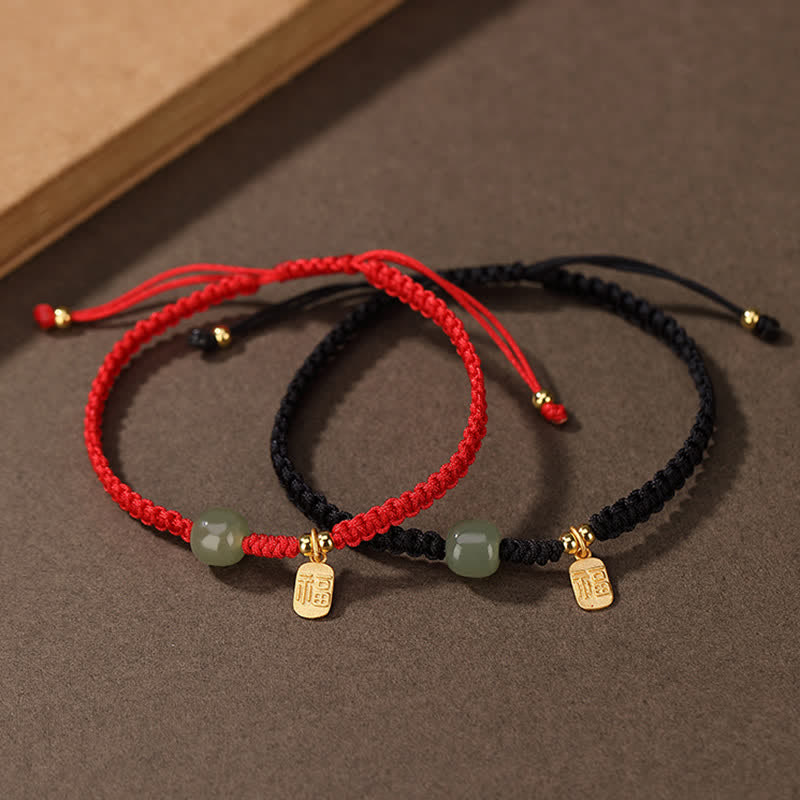 Fortune Jewel 925 Sterling Silver Hetian Jade Blessing Wealth Red String Bracelet