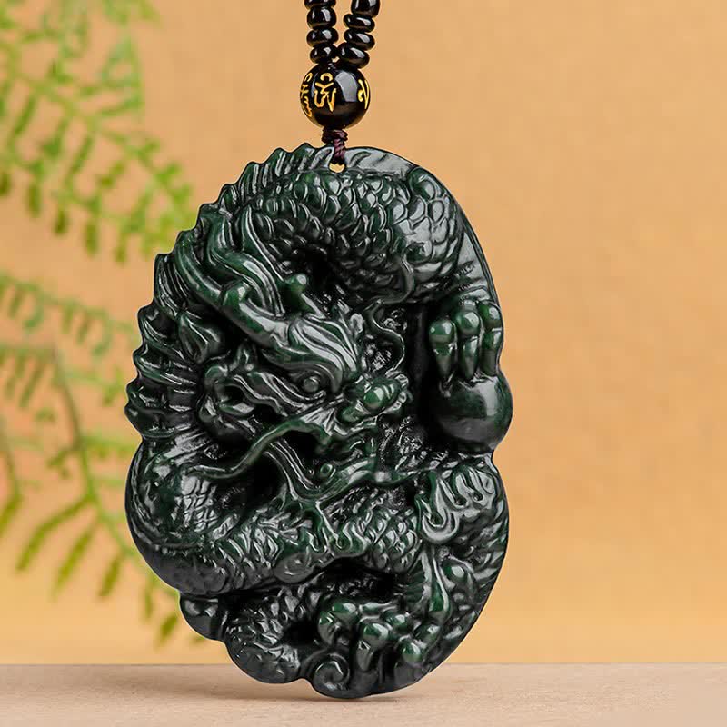 Fortune Jewel Hetian Cyan Jade Dragon Success Harmony Necklace Beaded String Pendant Fortune Jewel