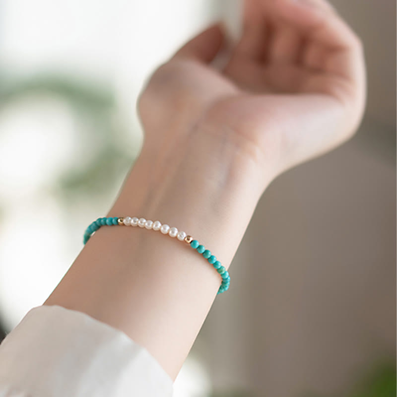 Fortune Jewel 925 Sterling Silver Natural Turquoise Pearl Beaded Bracelet