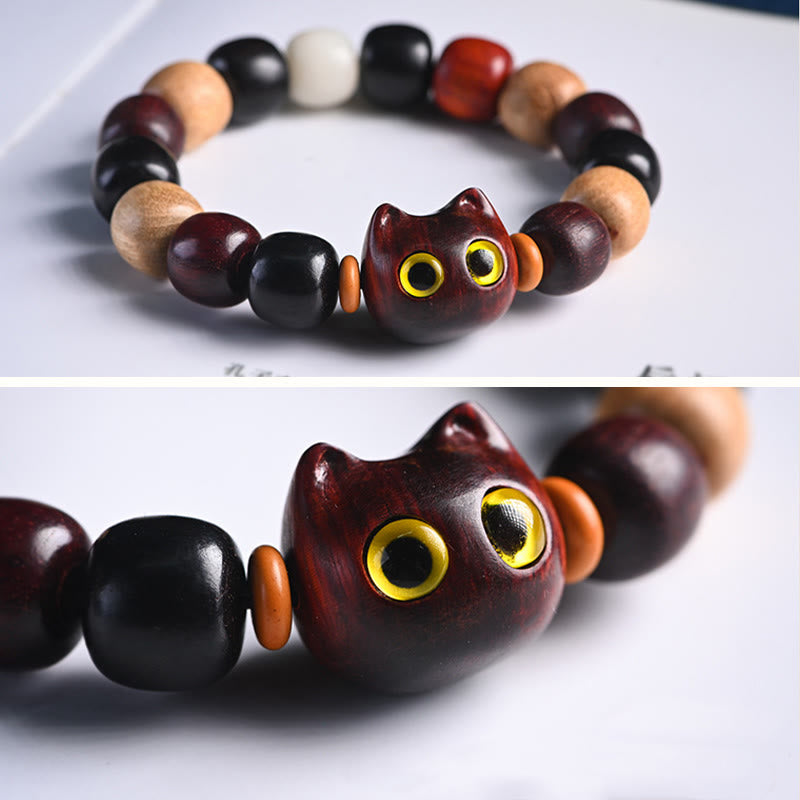 Fortune Jewel Small Leaf Red Sandalwood Ebony Wood Cute Cat Engraved Protection Bracelet