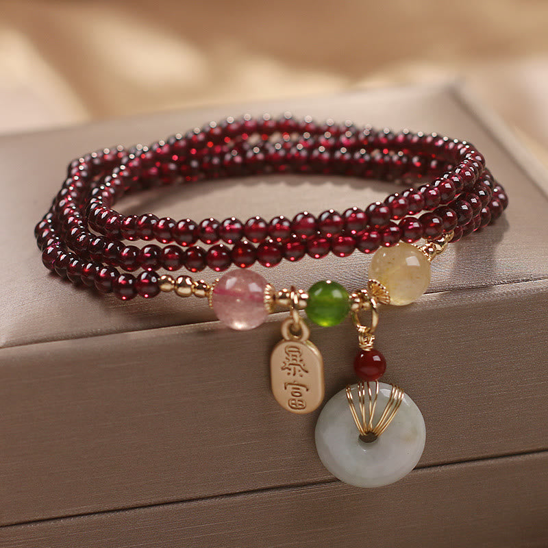 Fortune Jewel Natural Garnet Strawberry Quartz Crystal Fox Koi Fish Peace Buckle Fortune Protection Triple Wrap Bracelet