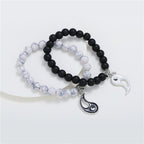 Fortune Jewel 2pcs Natural Black Onyx White Turquoise Bead Yin Yang Couple Bracelet