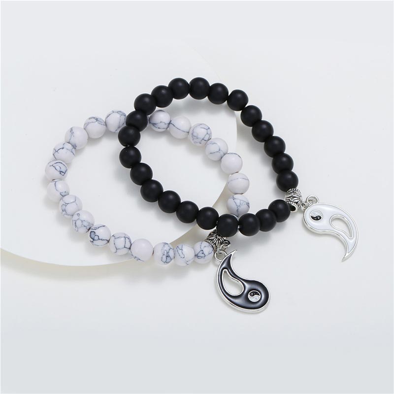 Fortune Jewel 2pcs Natural Black Onyx White Turquoise Bead Yin Yang Couple Bracelet