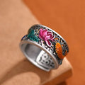 Fortune Jewel Copper Blue Enamel Lotus Heart Sutra Koi Fish Luck Ring Fortune Jewel