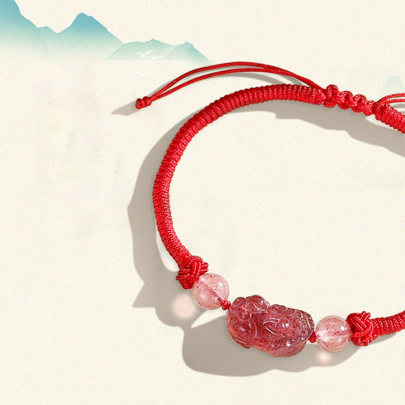Fortune Jewel Handmade Natural Silver Sheen Obsidian Strawberry Quartz PiXiu Protection Braided Bracelet