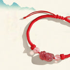 Fortune Jewel Handmade Natural Silver Sheen Obsidian Strawberry Quartz PiXiu Protection Braided Bracelet
