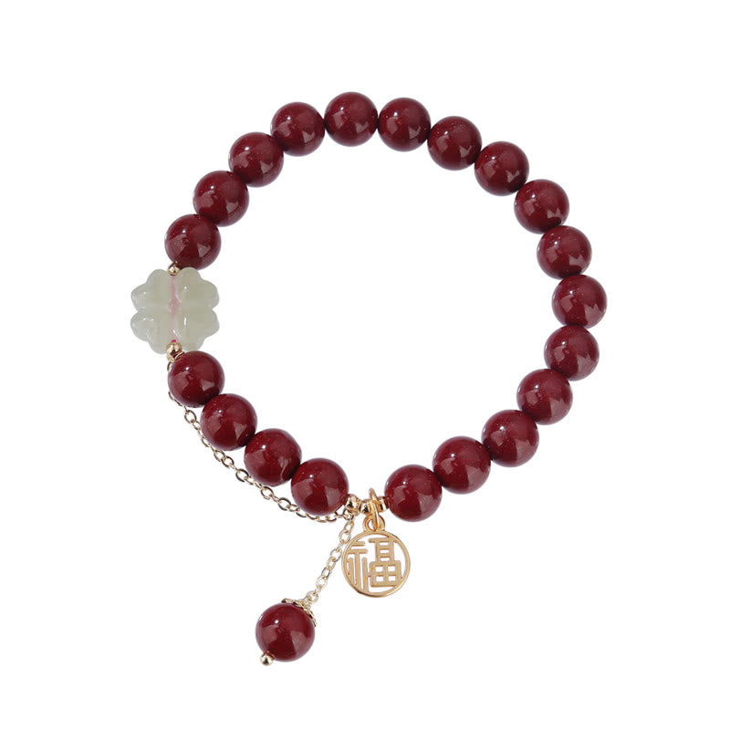Fortune Jewel Cinnabar Fu Character Hetian Jade Lucky Four Leaf Clover Blessing Bracelet