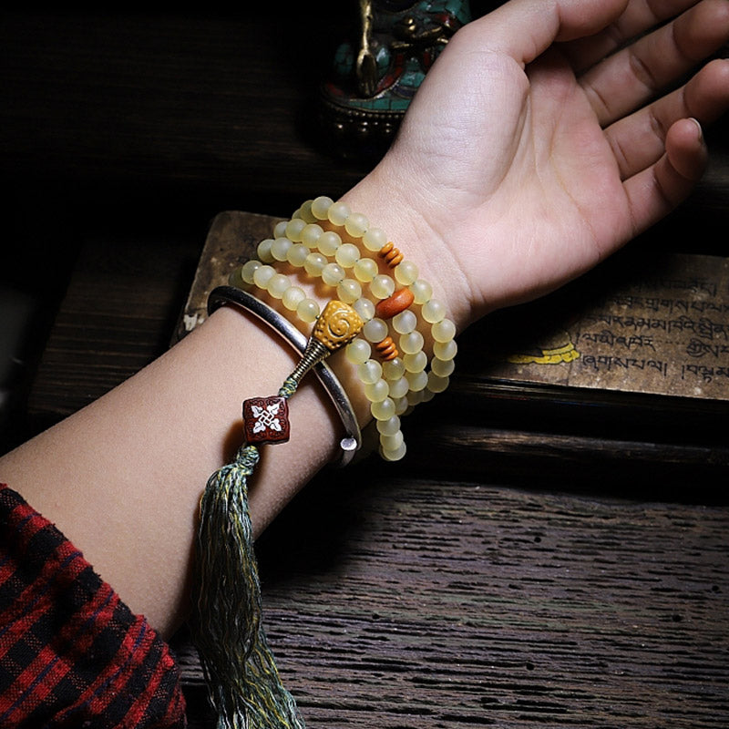 Fortune Jewel 108 Mala Beads Tibet Sheep Horn Amber Luck Bracelet