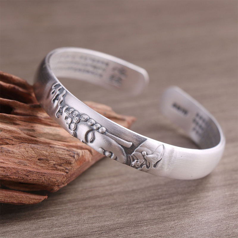 Fortune Jewel 999 Sterling Silver Buddha Head Heart Sutra Serenity Bracelet Bangle