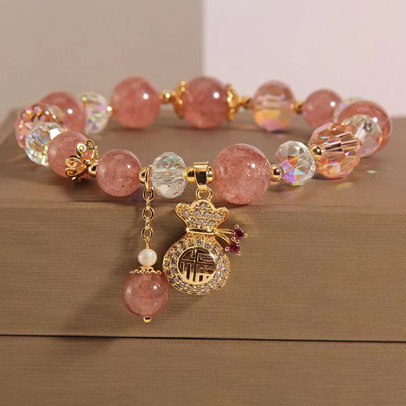 Fortune Jewel Natural Strawberry Quartz Crystal Money Bag Charm Positive Bracelet