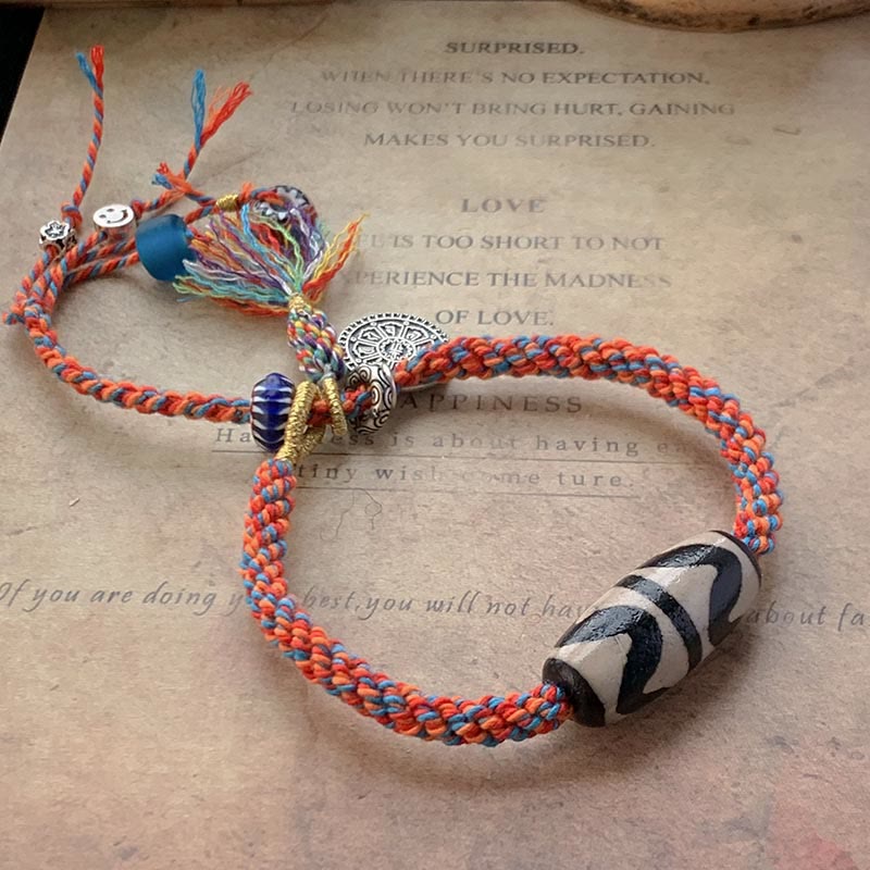 Fortune Jewel Tibetan 925 Sterling Silver Om Mani Padme Hum Handmade Dzi Bead Protection Braid Bracelet